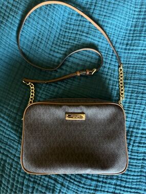 Michael Kors Brown and Tan Logo Crossbody Bag with Gold Chain
